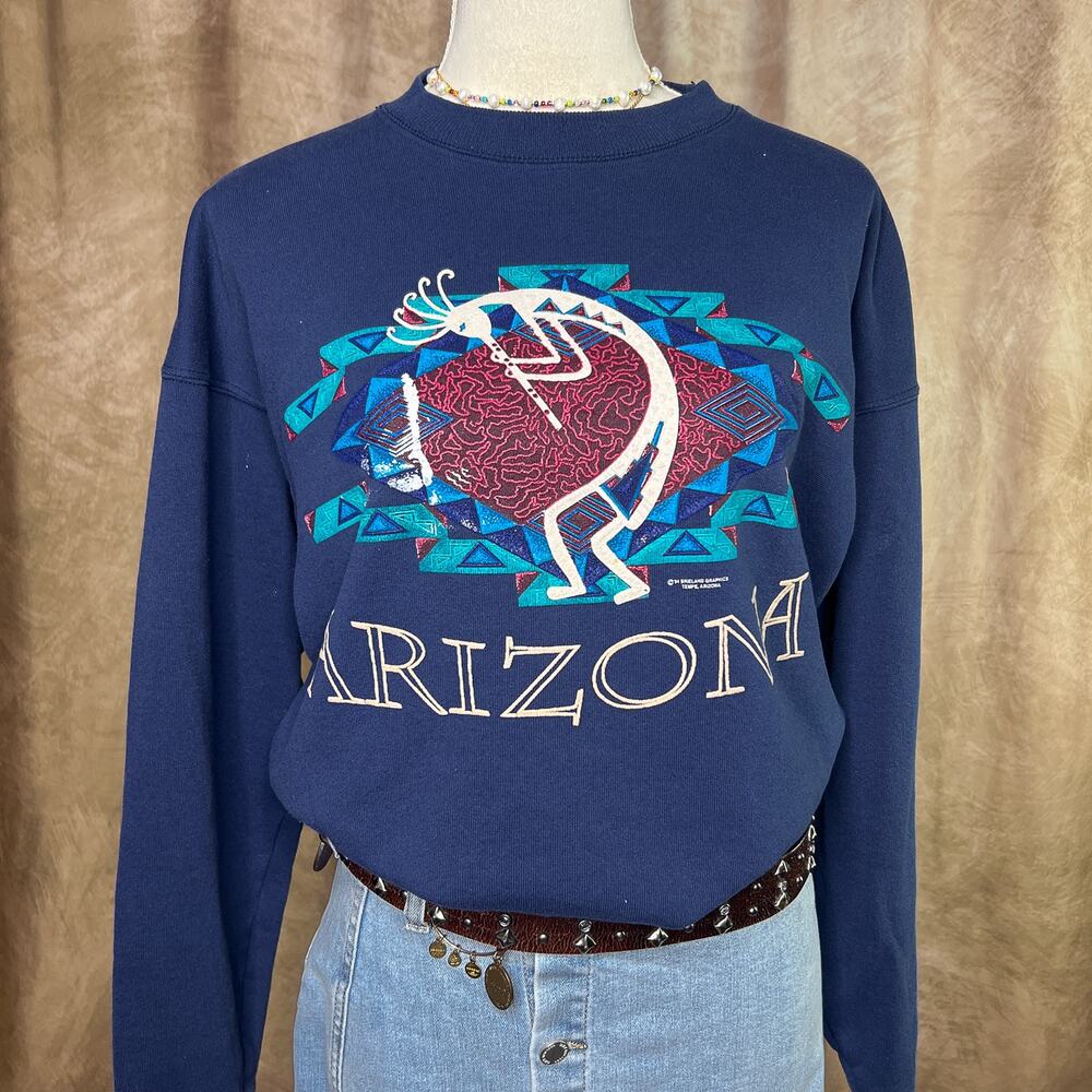 Vintage 90s Arizona Kokopelli Southwestern Sweatshirt Navy Long Sleeve Western